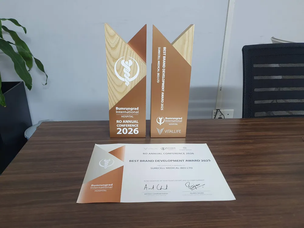 Best Brand Development Award 2025 trophies and certificate from Bumrungrad International Hospital awarded to Surecell Medical (BD) Ltd