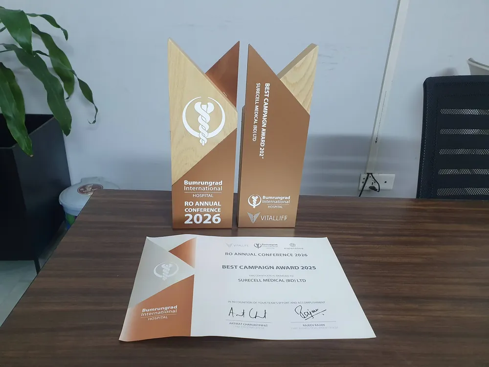 Bumrungrad International Hospital Best Campaign Award trophies and certificate presented to Surecell Medical (BD) Ltd for Air Ambulance Dhaka to Bangkok