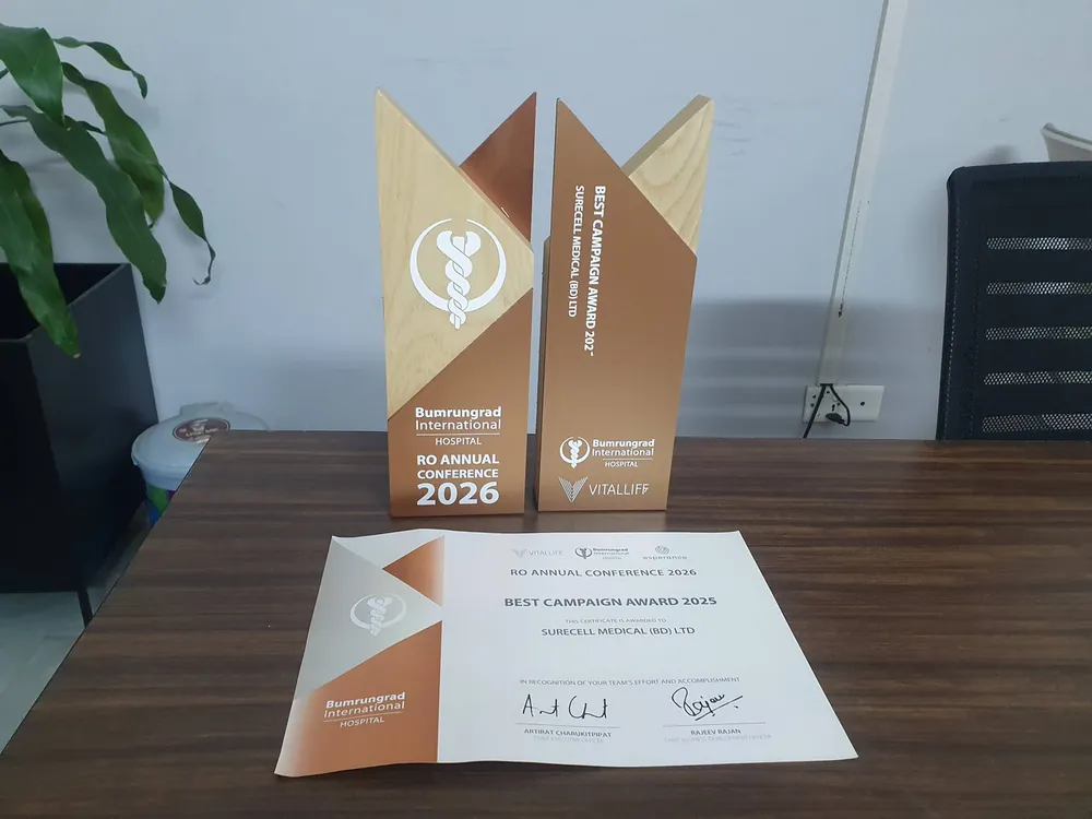 Best Campaign Award 2025 trophies and certificate from Bumrungrad International Hospital awarded to Surecell Medical (BD) Ltd, operator of Air Ambulance Dhaka to Bangkok