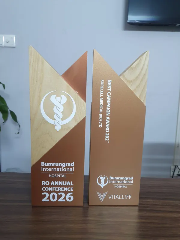 Close-up of the Best Campaign Award trophy from Bumrungrad International Hospital won by Surecell Medical (BD) Ltd