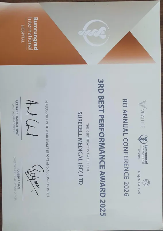 3rd Best Performance Award 2025 certificate from Bumrungrad International Hospital RO Annual Conference presented to Surecell Medical (BD) Ltd