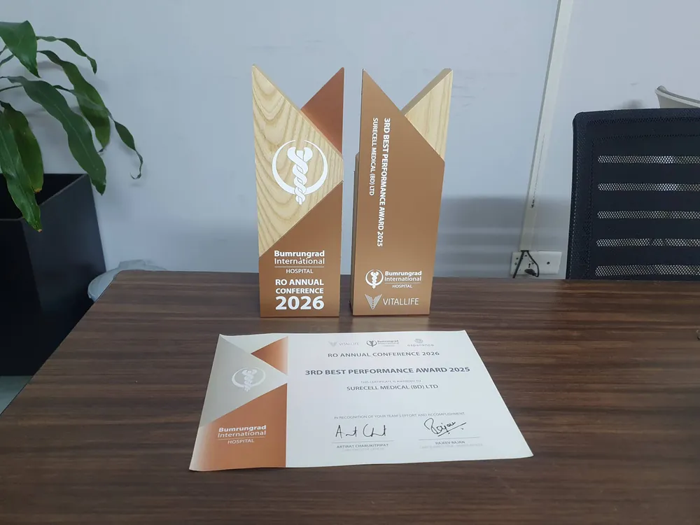 3rd Best Performance Award 2025 trophies and certificate from Bumrungrad International Hospital awarded to Surecell Medical (BD) Ltd