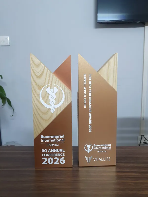 3rd Best Performance Award 2025 trophies from Bumrungrad International Hospital awarded to Surecell Medical (BD) Ltd