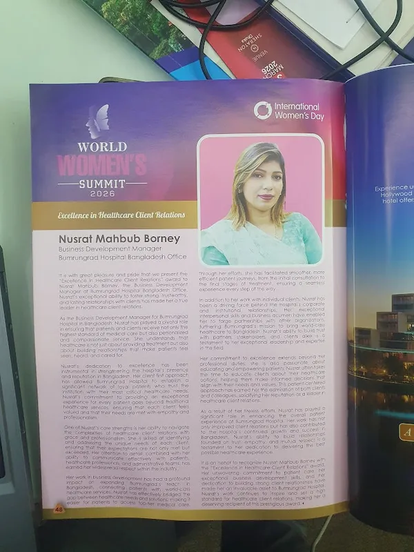 Nusrat Mahbub Borney, Business Development Manager at Bumrungrad Hospital Bangladesh Office, featured for Excellence in Healthcare Client Relations at the World Women's Summit 2026